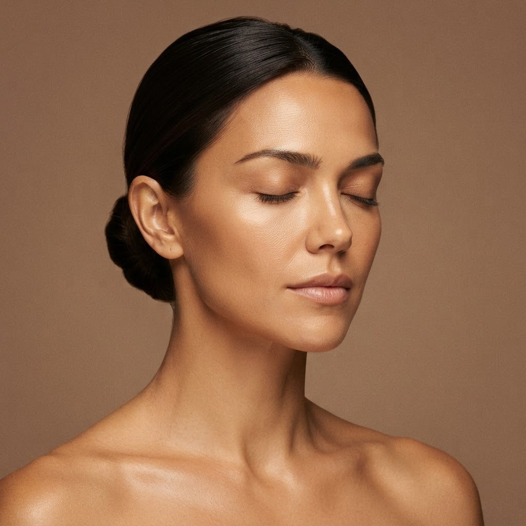 Woman with hair pulled back and eyes closed, bare shoulders, three-quarter view — face laser hair removal areas at Bare Laser MedSpa in Suffern, NY